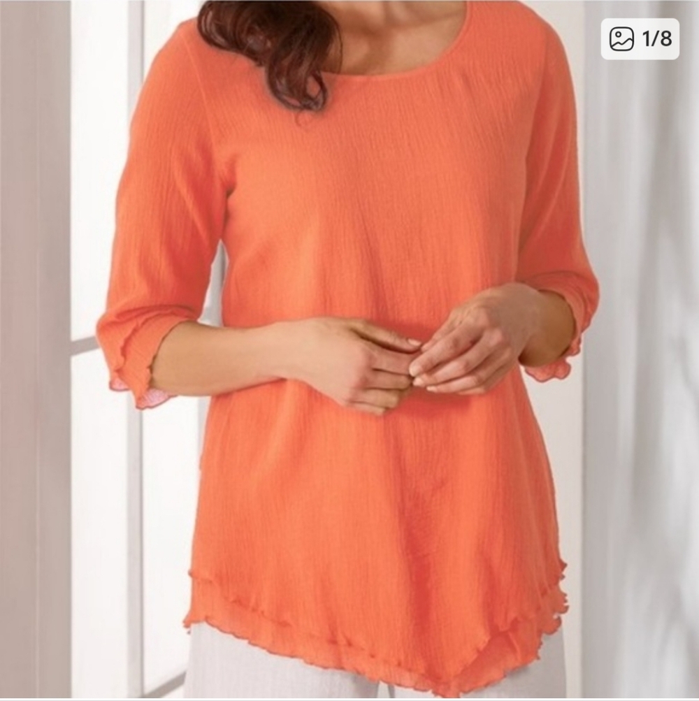 Soft Surroundings Size Large Orange Gauze Quarter Sleeve Top With Layered Hems